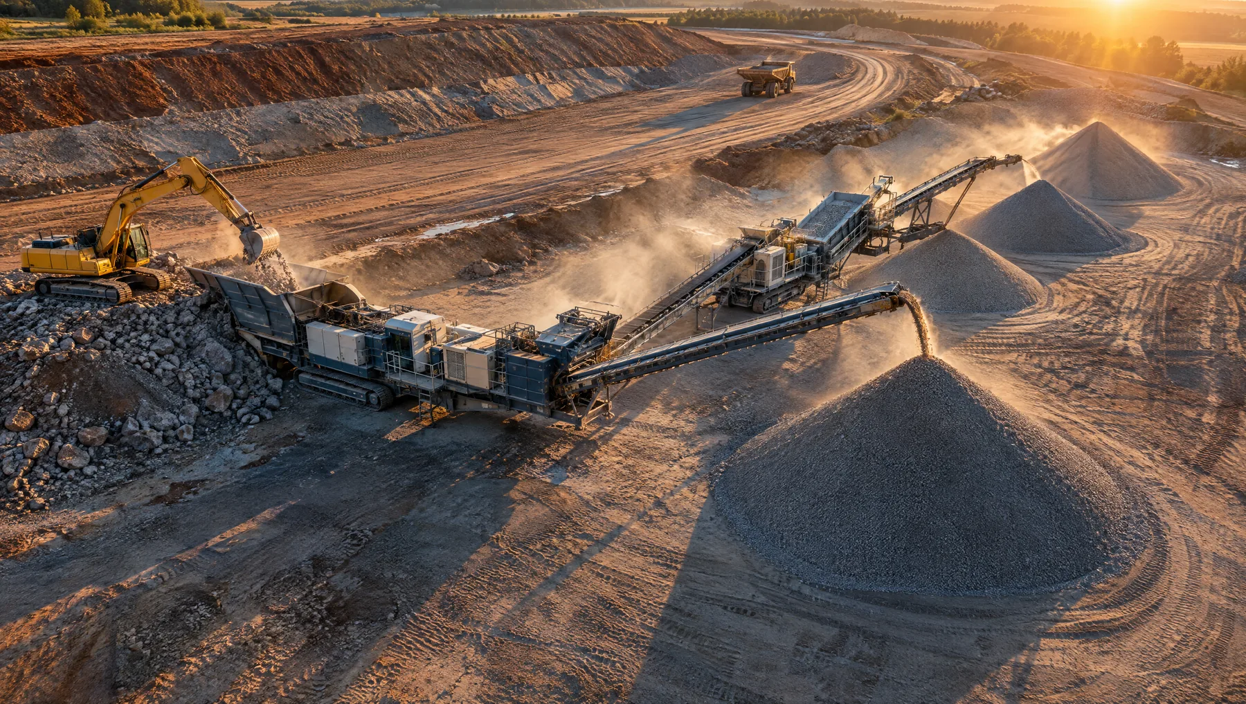 Aerial view of a mobile crusher and screener working on a large road construction site