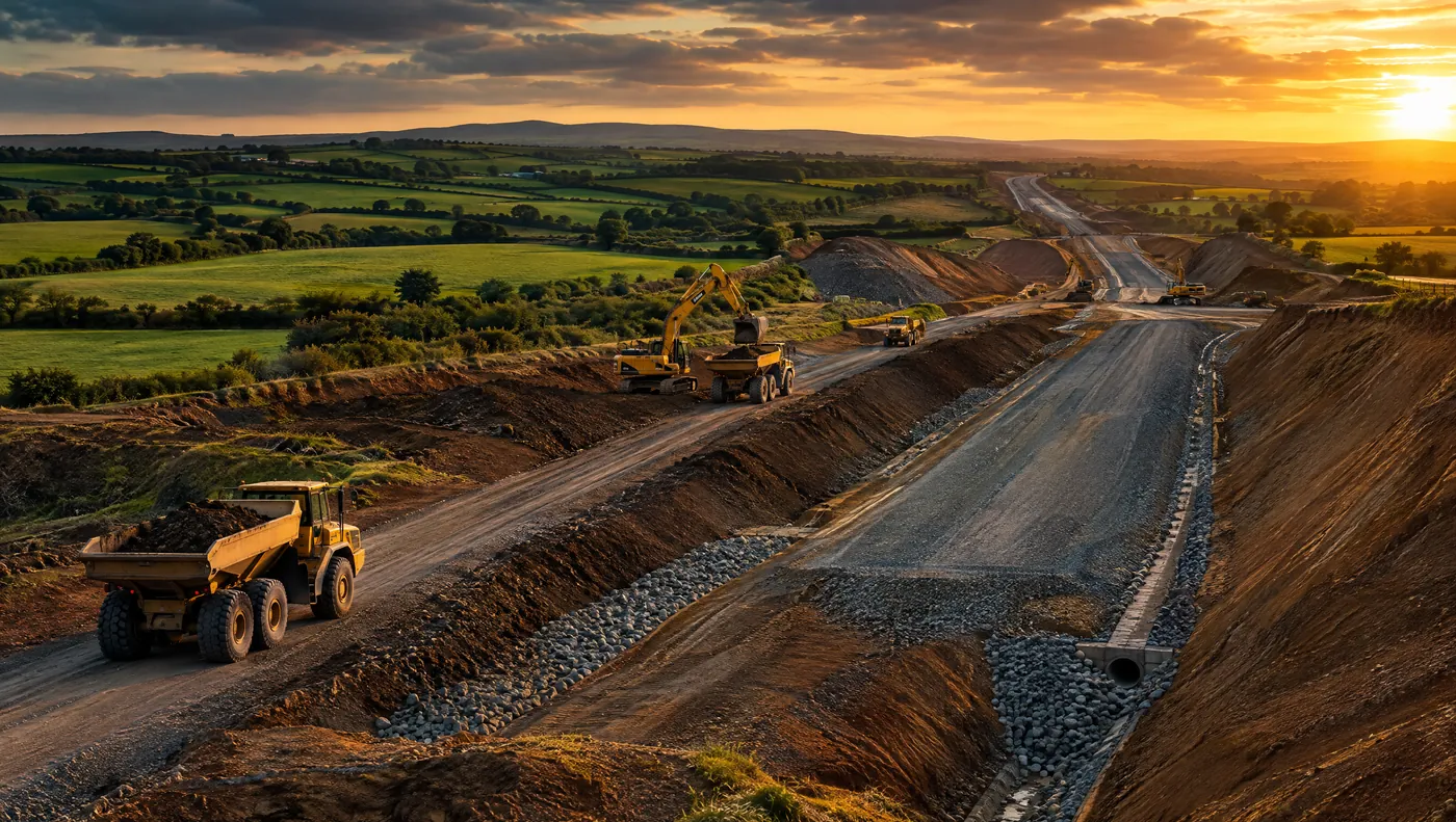 New national road under construction through the Irish countryside with earthmoving plant