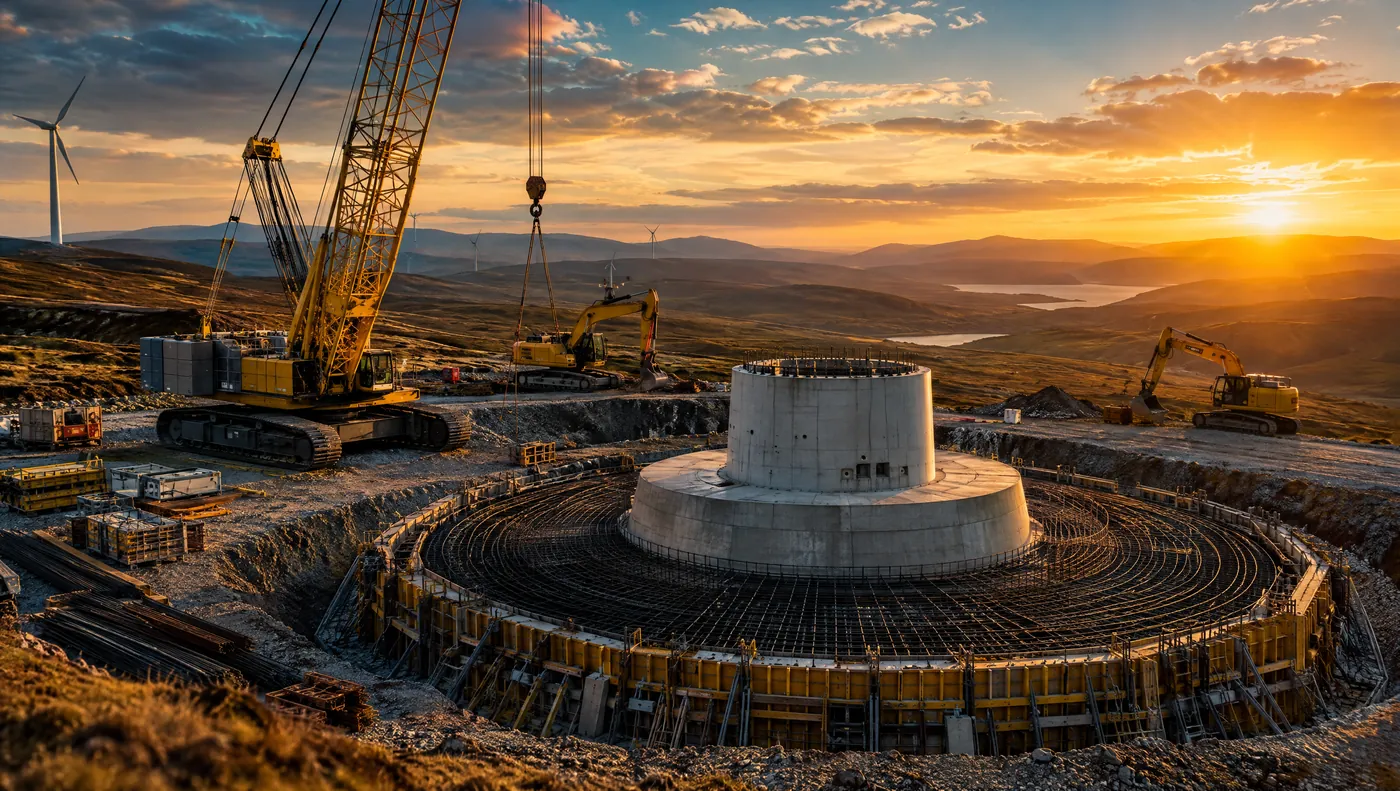 Wind farm under construction with turbine foundation, crane and excavators in the Irish uplands